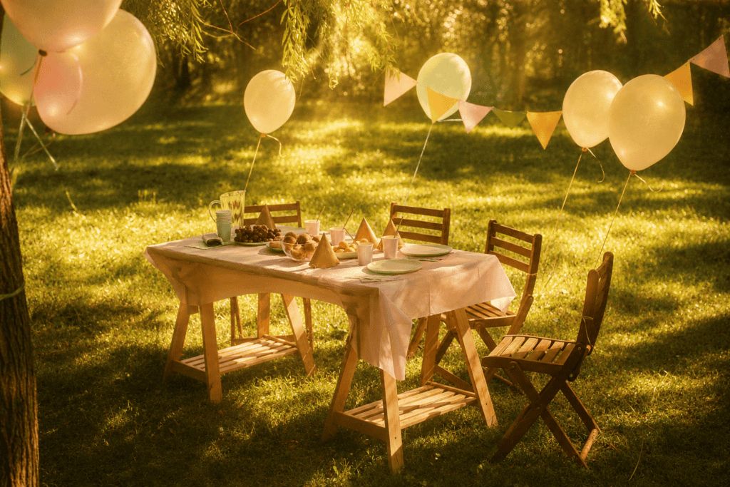 An outdoor birthday table set with balloons and string lights, glowing in golden evening light